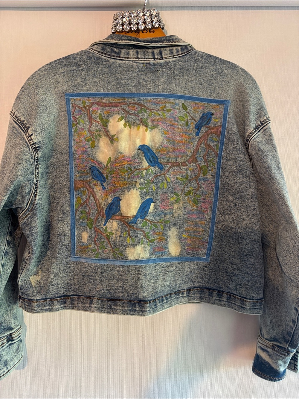Hand-Painted Blue Bird Cropped Denim Jacket - Women